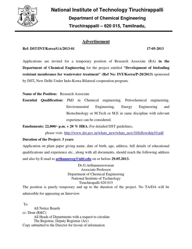NIT Trichy Inviting Applications For Post of Research Associate | PDF