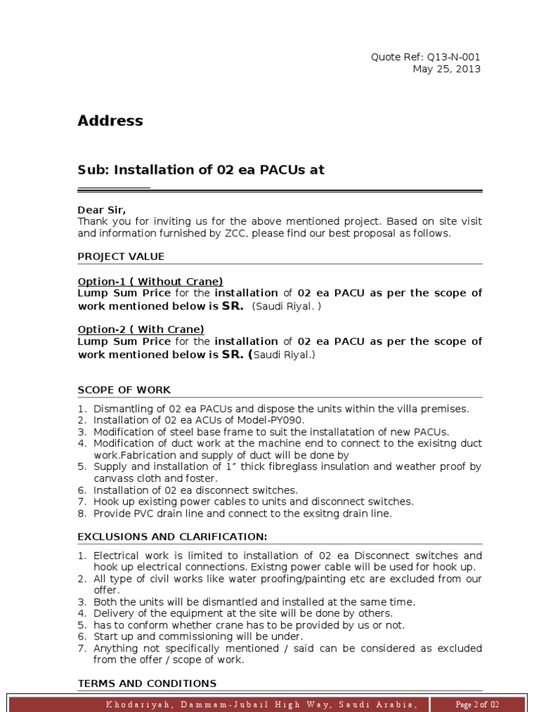 PACU Installation Proposal Details | PDF