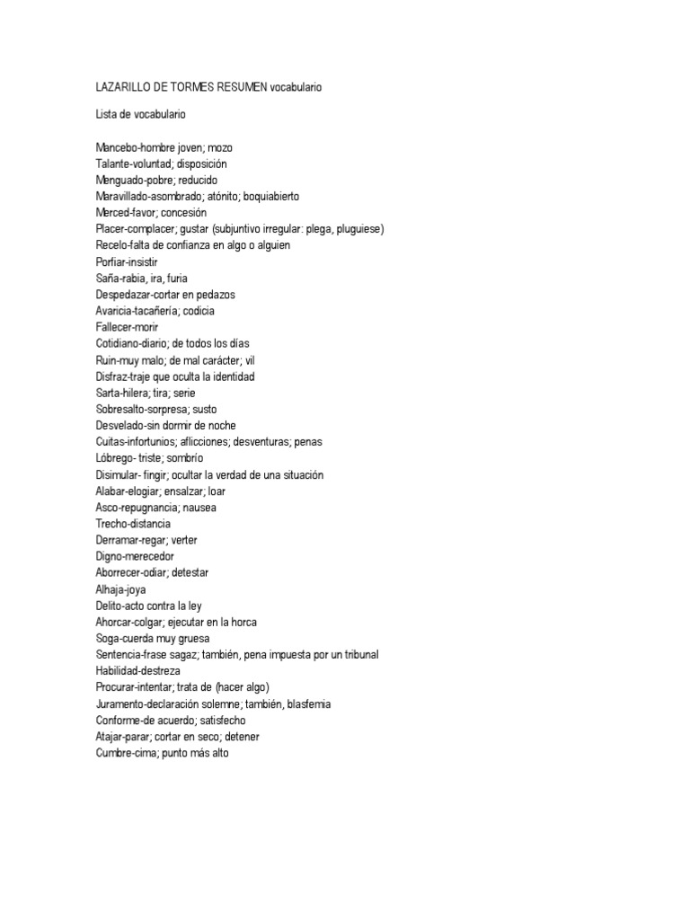 Lazarillo de Tormes Resumen Vocabulario Ficción y literatura
