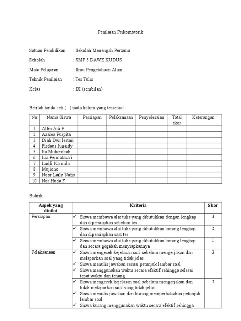 Penilaian Psikomotorik