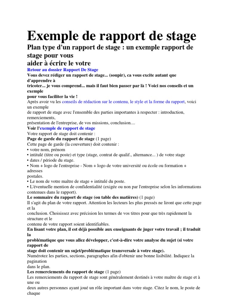 Exemple De Rapport De Stage