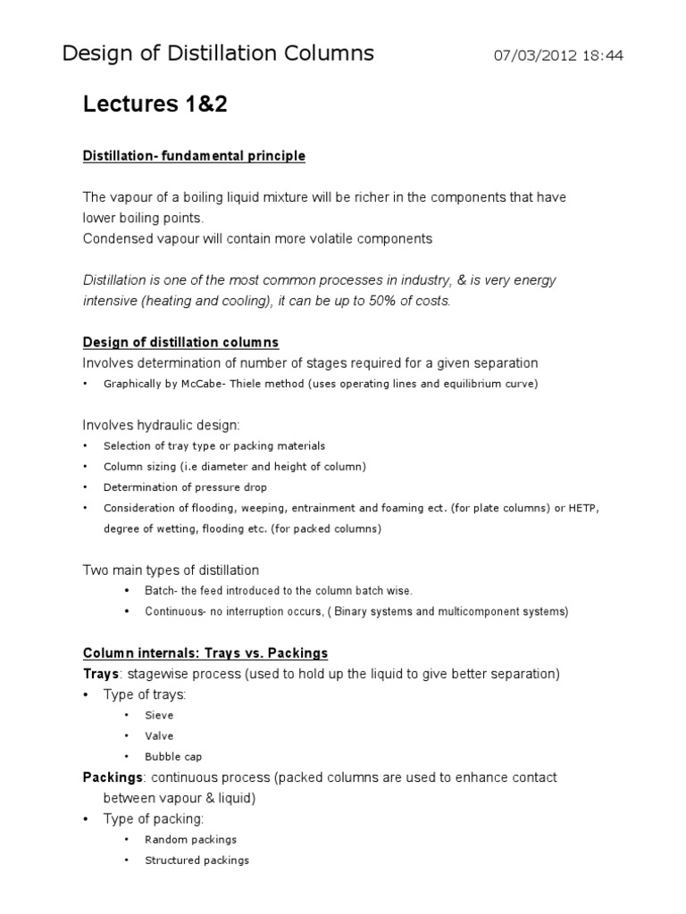 Distillation Column Design Guide | PDF | Distillation | Liquids