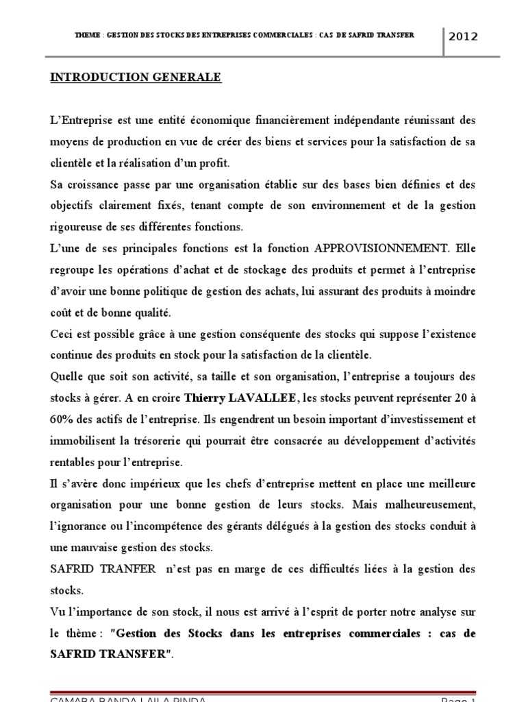 memoire gestion de stock  inventaire stockage de lenergie