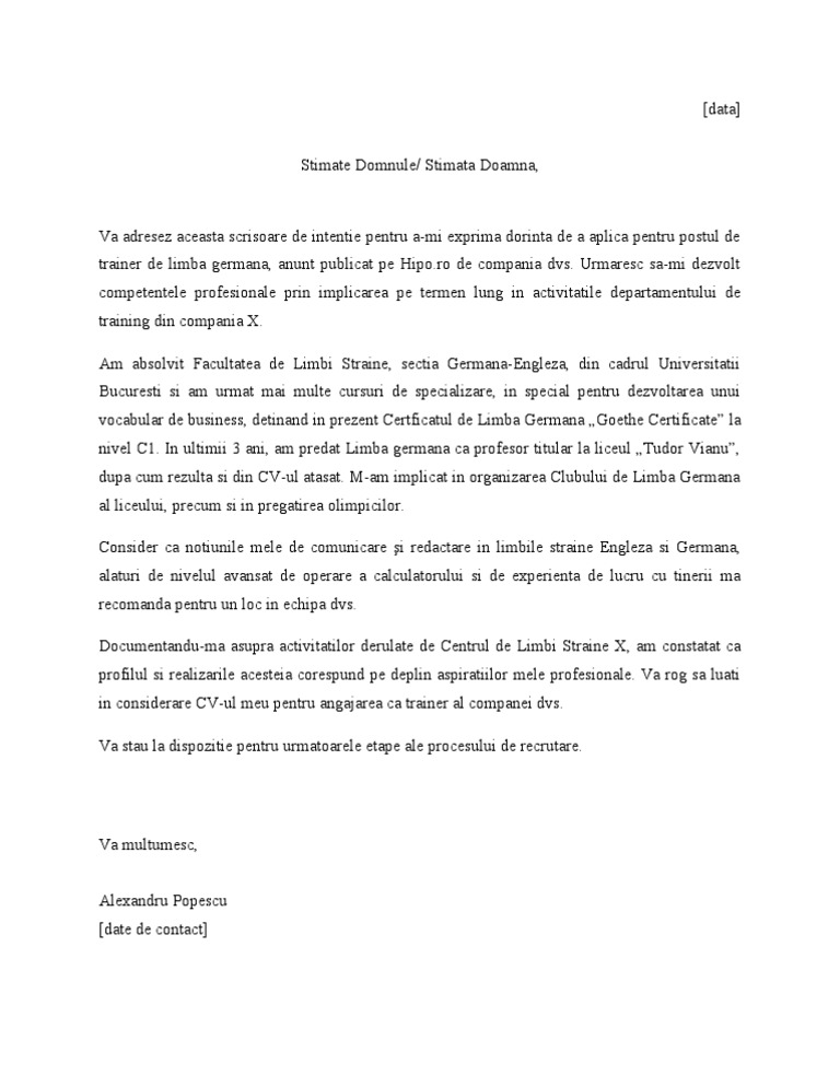 Model Scrisoare De Intentie Profesor 1