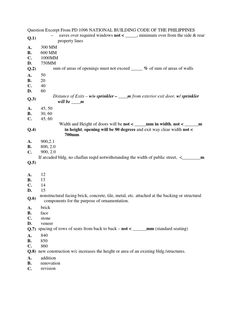 PD 1096 Building Code Review Questions | PDF | Stairs | Basement