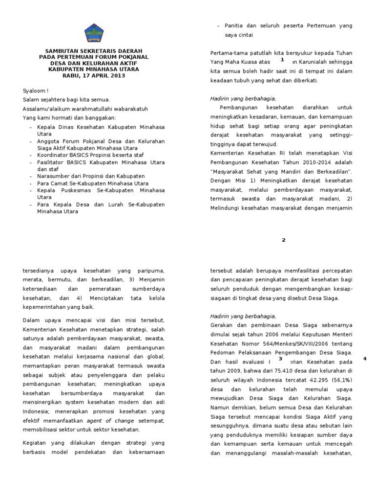 SAMBUTAN Sekda PADA Pertemuan Pokjanal Desa Siaga Aktif 