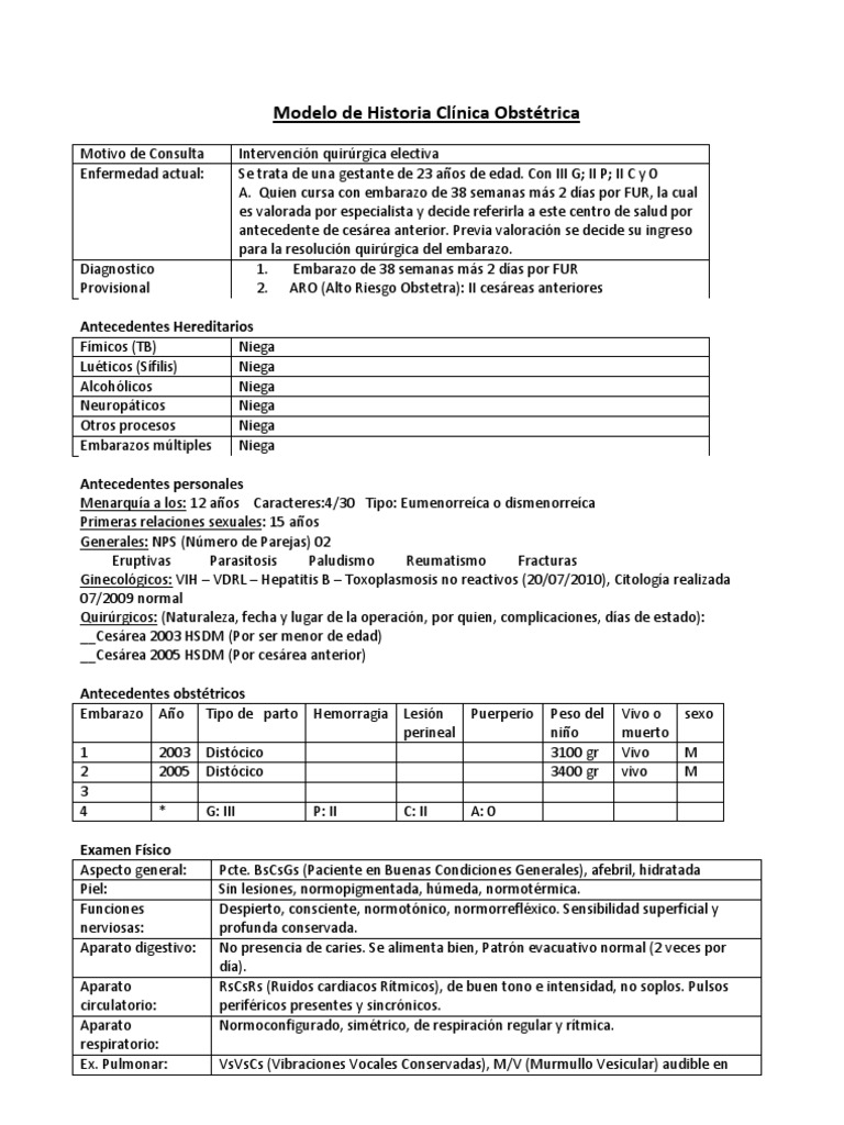 Modelo De Historia Clínica Obstétrica Embarazo Cesárea
