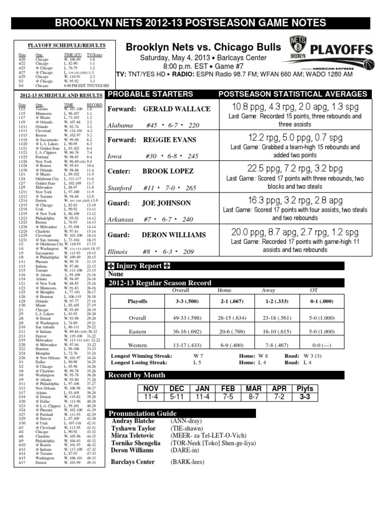 Brooklyn Nets 2012-13 Playoff Notes | PDF | Sports & Recreation