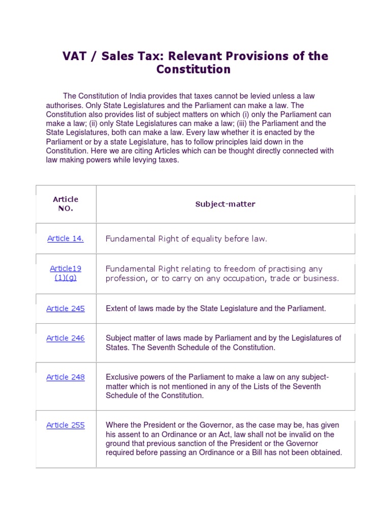 VAT Constitutional Provision U.S. State Act Of Parliament
