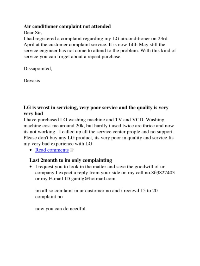 Air Conditioner Complaint Not Attended PDF Air Conditioning Manufacturing And Engineering