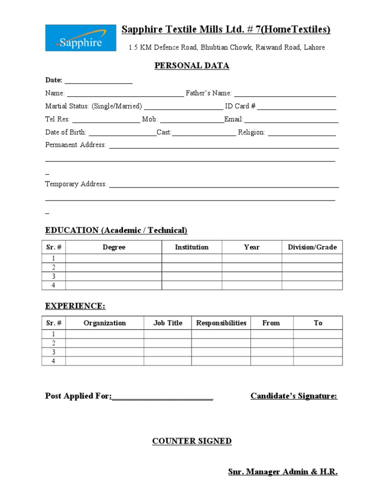 Sapphire Textile Mills DATAFORM | PDF