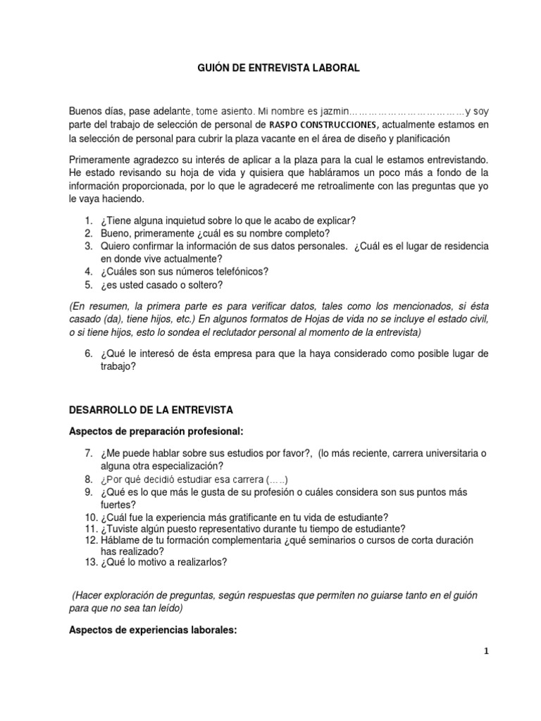 Guion de Entrevista Laboral Recursos humanos