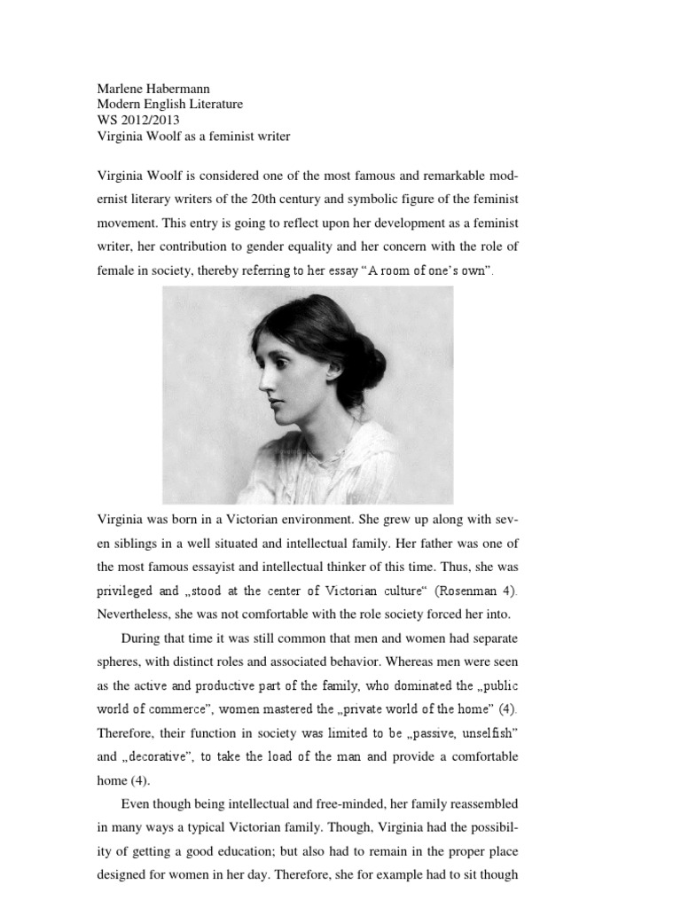 Virginia Woolf as a Feminist Writer A Room Of One's Own Feminism