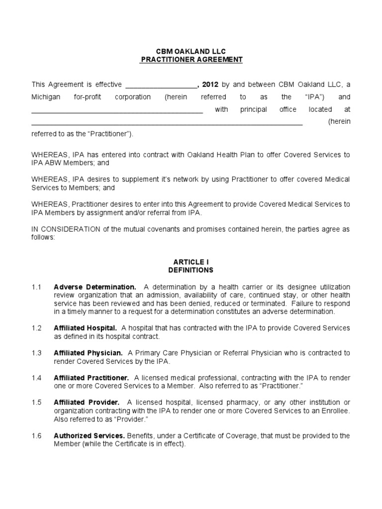 Practitioner Agreement PCP/Specialist Health Care Public Health
