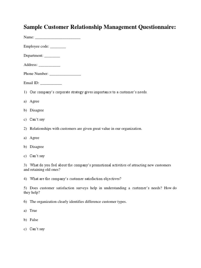 Hotel Customer Satisfaction Questionnaire Sample