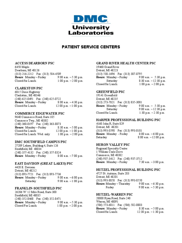 DMC Patient Service Centers Locations | PDF