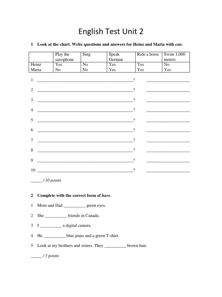 English Test Unit 2: 1 Look at The Chart. Write Questions and Answers ...