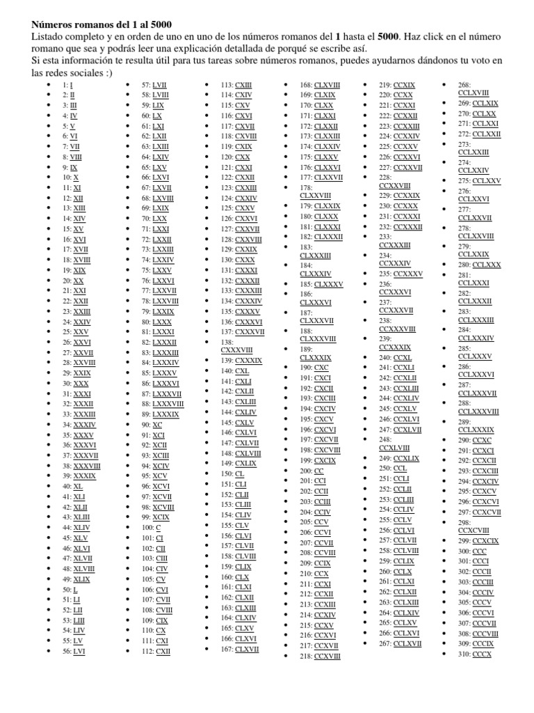 Numeros Romanos Del 1 Al 5000