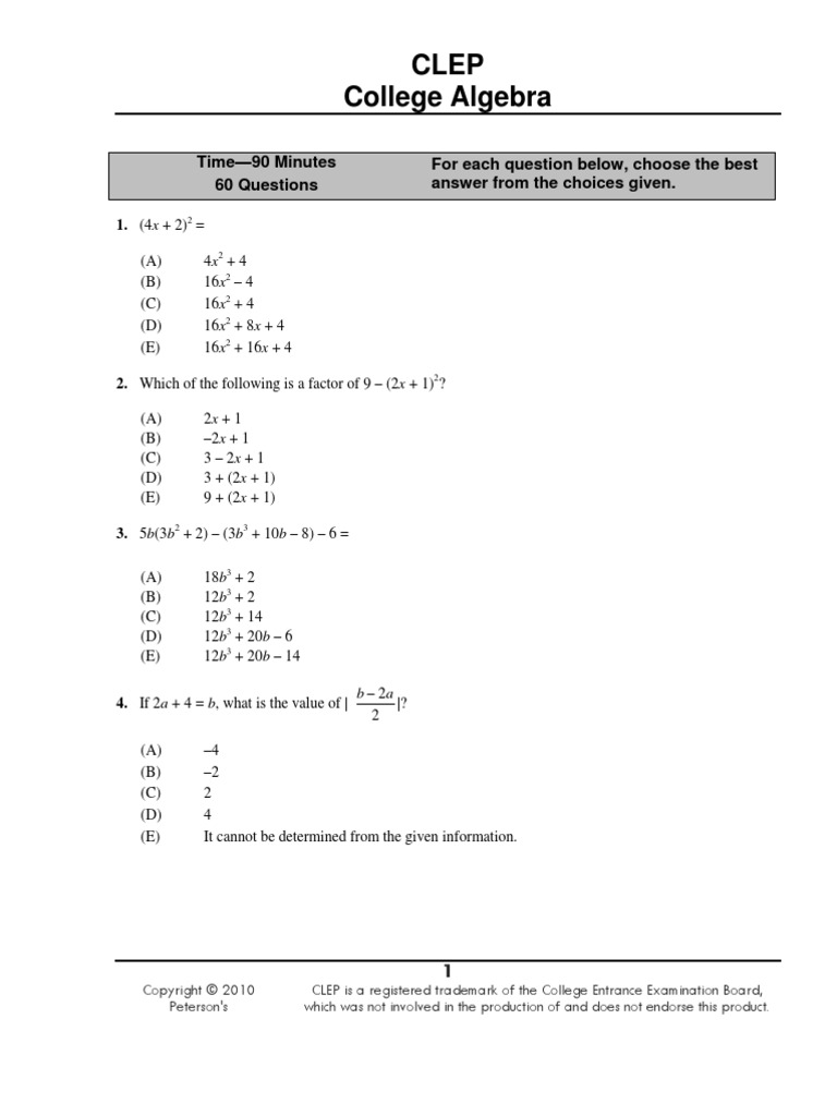 CLEP College Algebra | PDF | Fraction (Mathematics) | Mathematical Objects, image size:768x1024