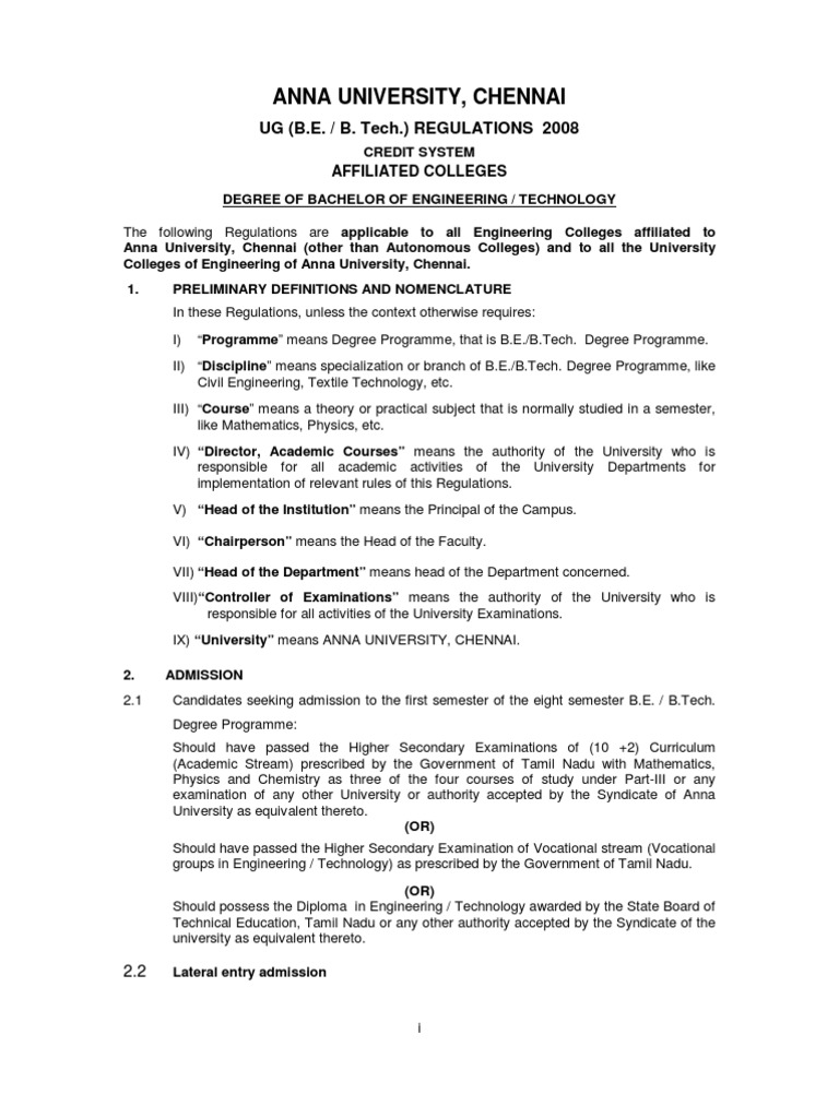 Anna University, Chennai: UG (B.E. / B. Tech.) REGULATIONS 2008 | PDF