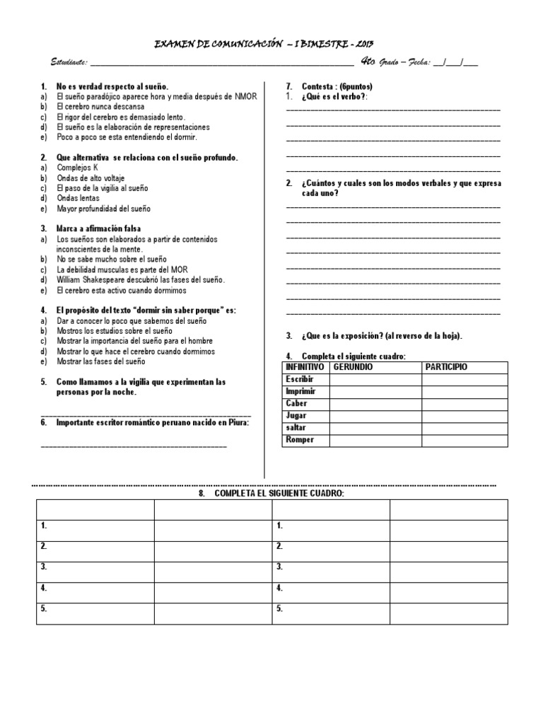 Examen de Comunicación 4to Grado 2013 | PDF | Estados psicológicos | Dormir