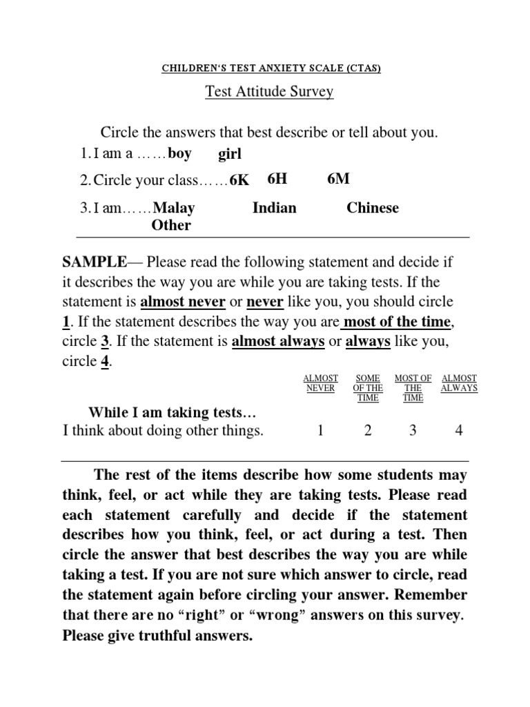 Children's Test Anxiety Scale (CTAS) | PDF | Self Report Study | Likert ...