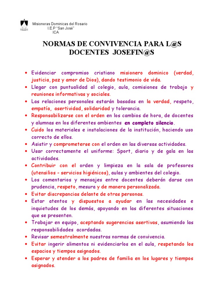 Normas de Convivencia para Docentes | PDF