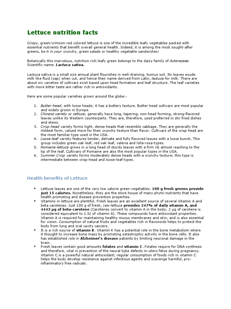 Lettuce Nutrition Facts PDF