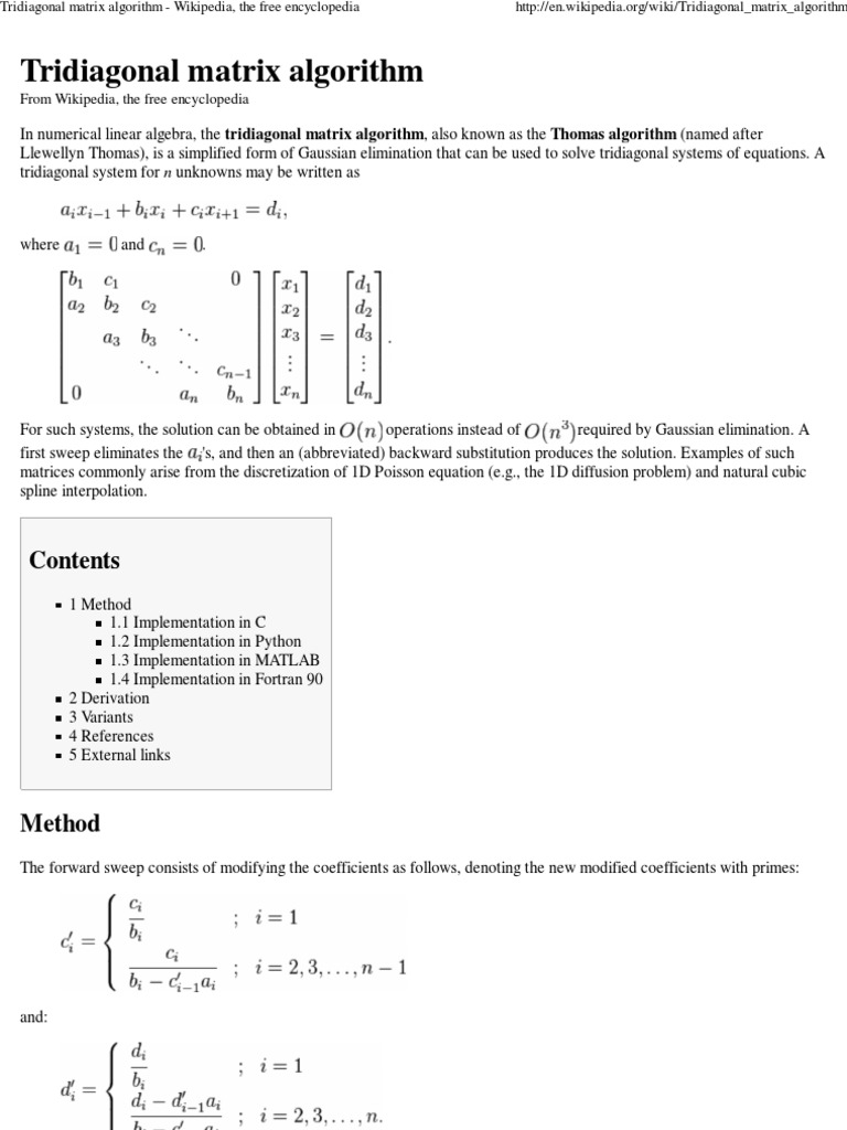 Tridiagonal Matrix Algorithm - Wikipedia | Algebra | Theoretical ...