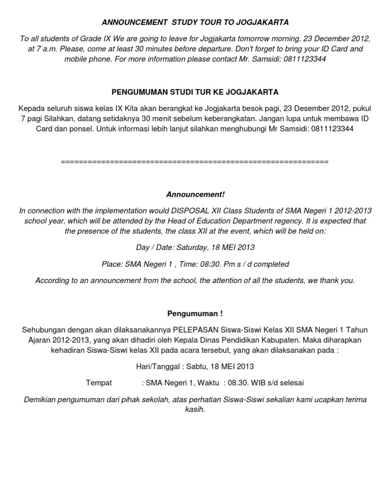 Announcement Study Tour To Jogjakarta