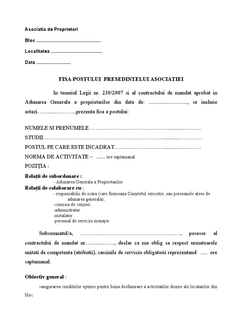 Fisa Postului Presedintelui Asociatie De Proprietari