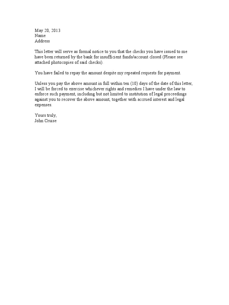 Formal Notice of Returned Checks | PDF | Law