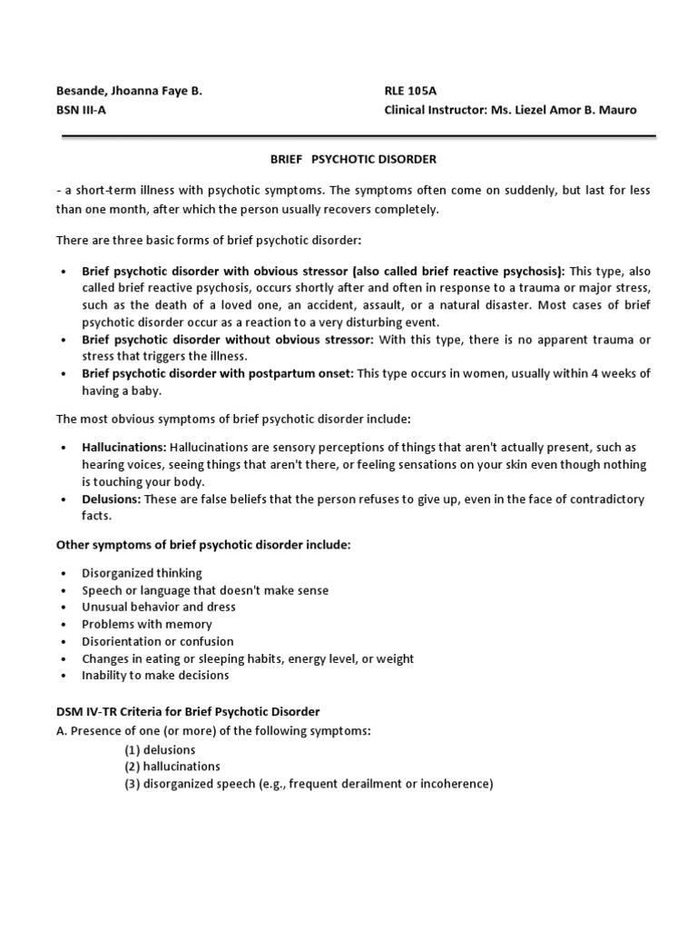 Brief Psychotic Disorder Psychosis Mental Disorder