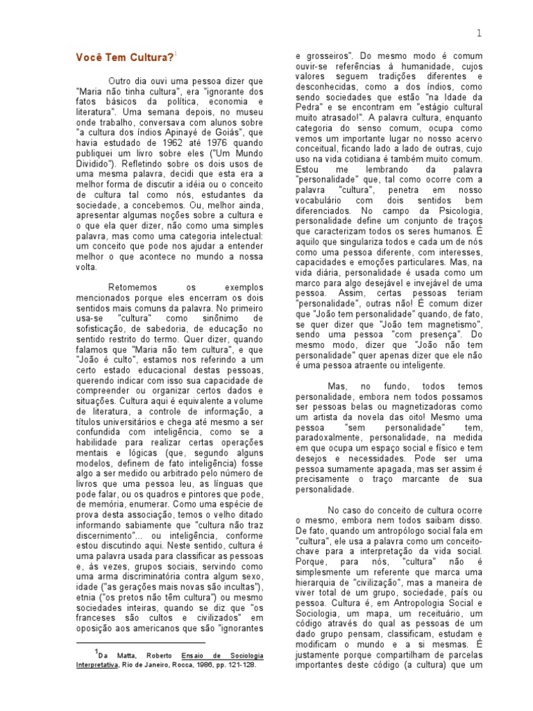 Roberto Da Matta Você Tem Cultura PDF Sociologia