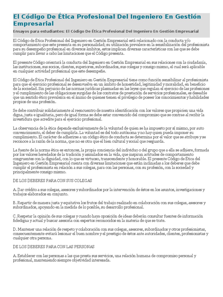 El Código De Ética Profesional Del Ingeniero En Gestión
