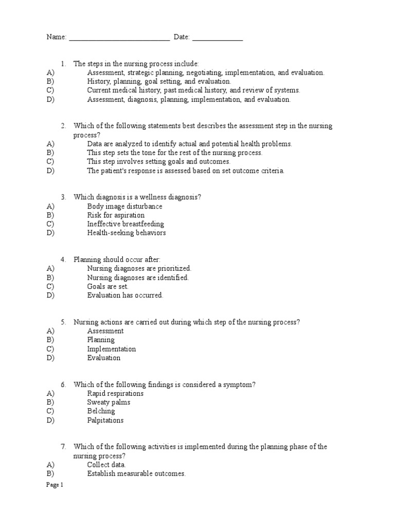 Nursing Process Assessment Quiz | PDF | Medical Diagnosis | Nursing