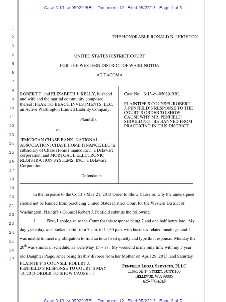 Penfield Response to Order to Show Cause Federal Rules Of Civil