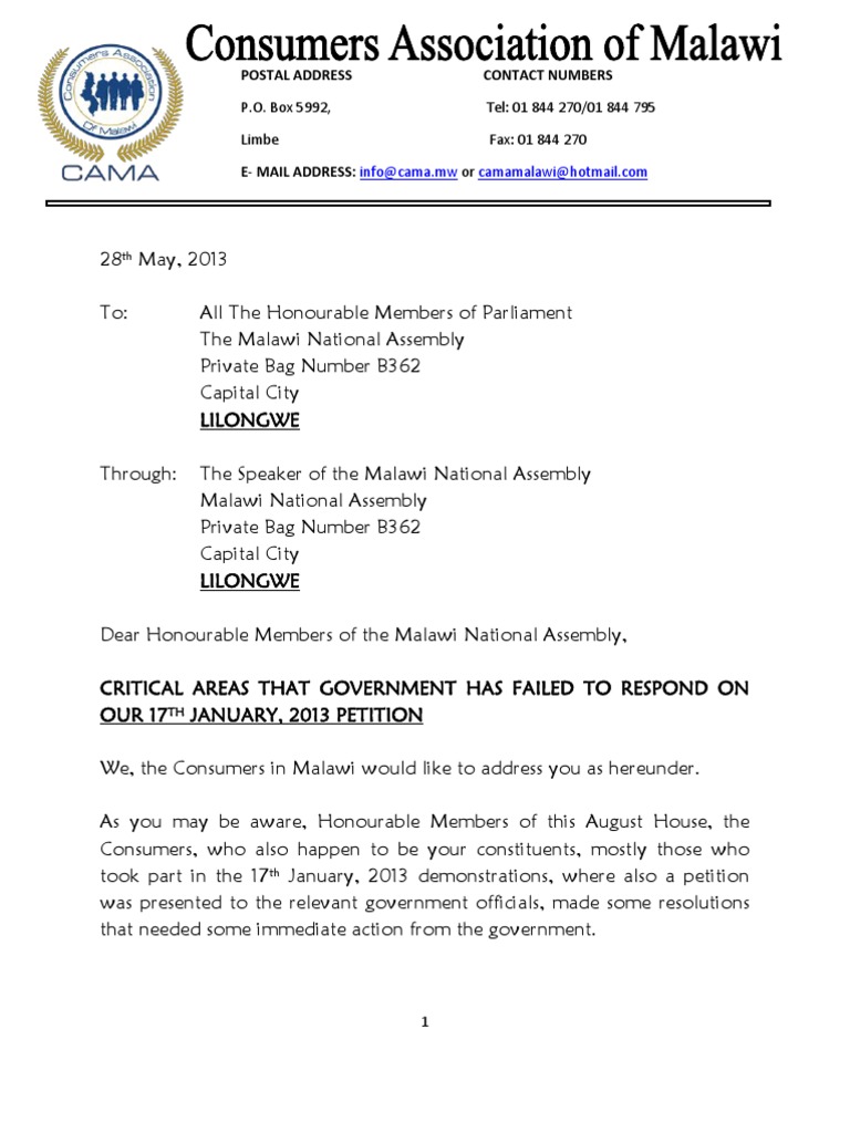 Consumers Association of Malawi's Petition to Parliament | Malawi | Salary