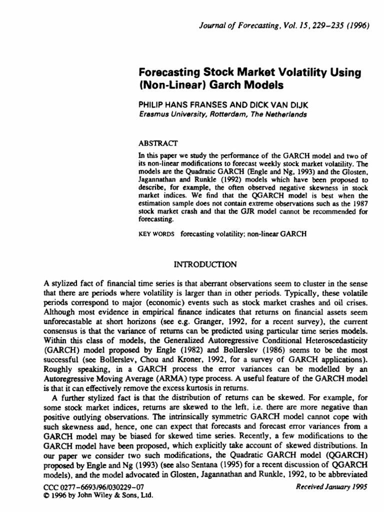 Forecasting Stock Market Volatility Using Nonlinear) Garch Models | PDF