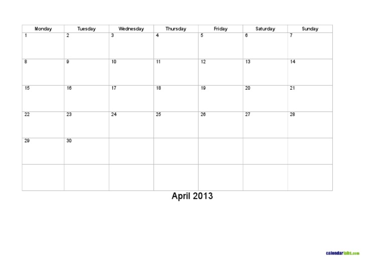 April 2013: Monday Tuesday Wednesday Thursday Friday Saturday Sunday | PDF