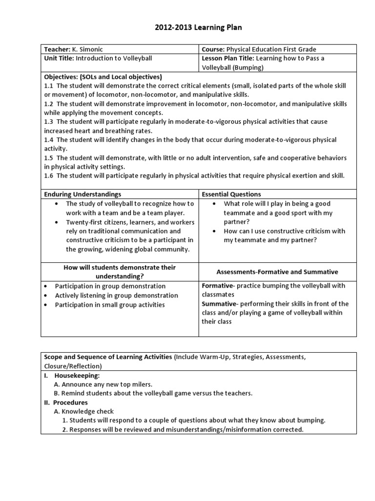 Lesson Plan Volleyball Bumping Pdf Lesson Plan Volleyball