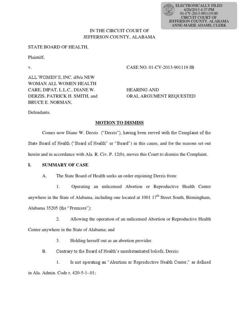 Diane Derzis Motion To Dismiss Complaint by The Alabama State Board of