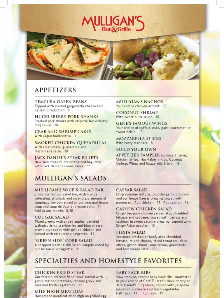 Mulligan's Lunch/Dinner Menu PDF Turkey Meat Salad