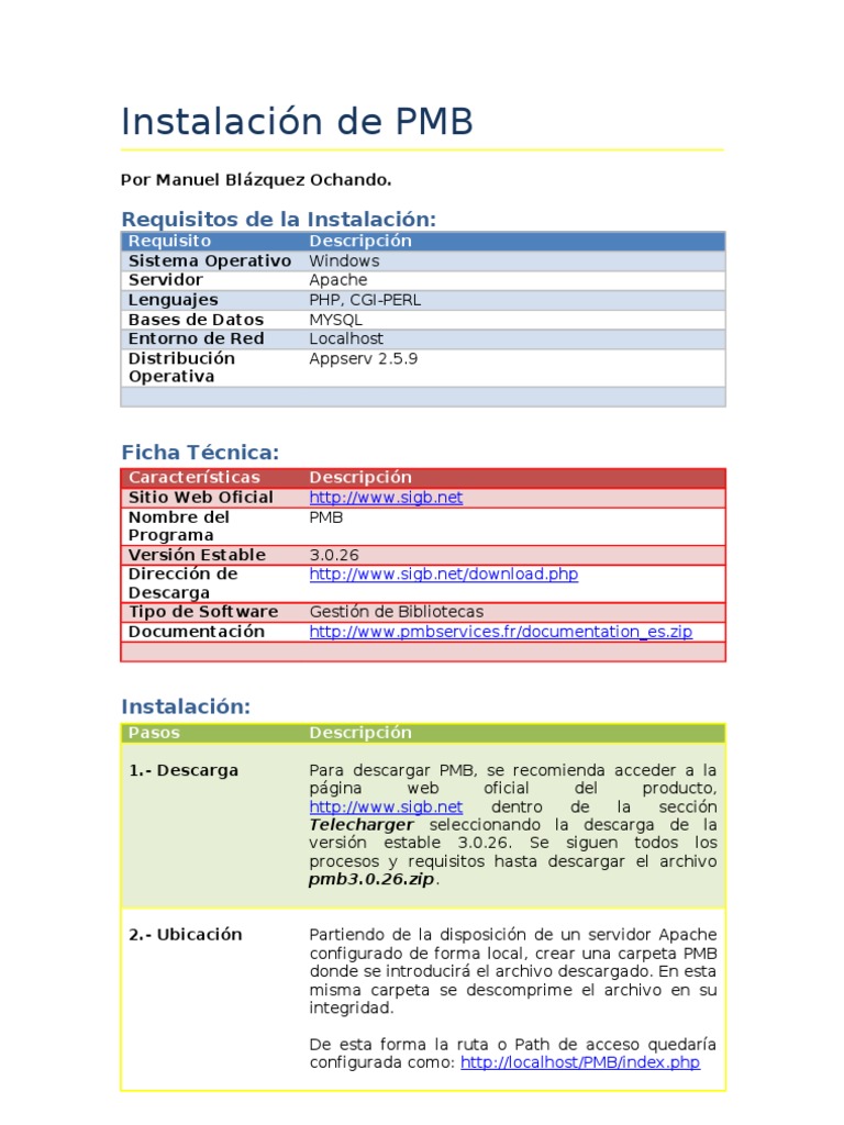 Guía de Instalación de PMB 3.0.26 | PDF | Mi sql | Servidor HTTP Apache