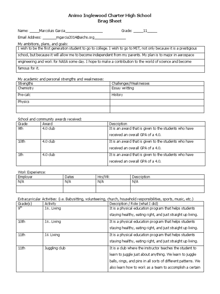 Brag Sheet Template  PDF  Student Financial Aid In The United