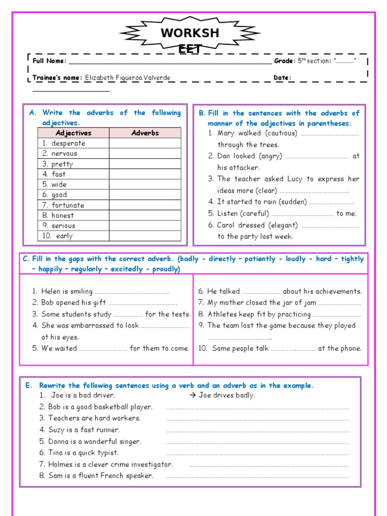 Adverb of Manner Worksheet for Grade 5 | PDF | Adverb | Syntax