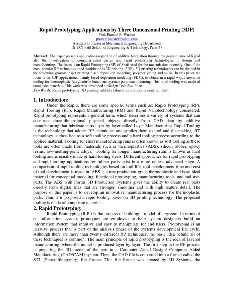 Rapid Prototyping Applications by Three Dimensional Printing. | PDF | 3 ...