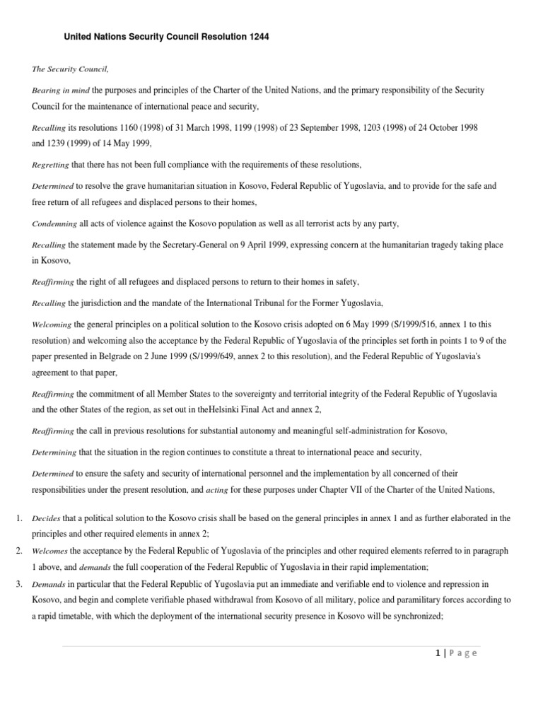 United Nations Security Council Resolution 1244 PDF Kosovo