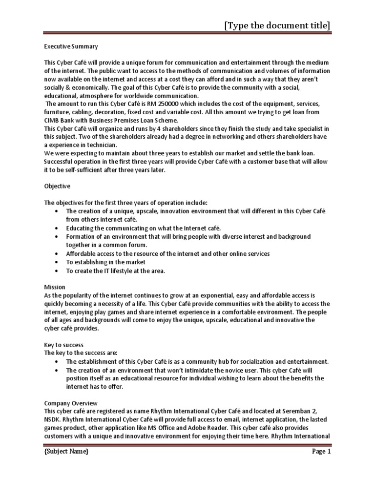 Cyber Cafe Business Plan PDF Coffeehouse