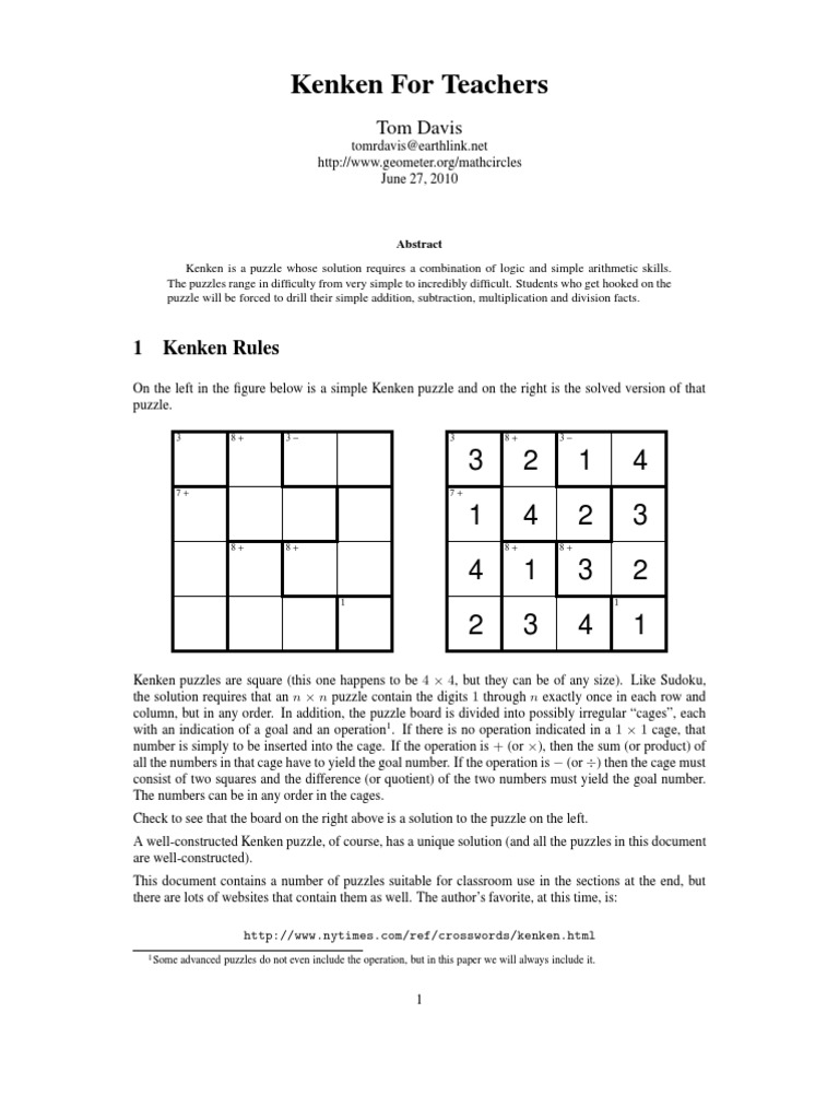 Kenken for teachers | pdf | multiplication | mathematical objects